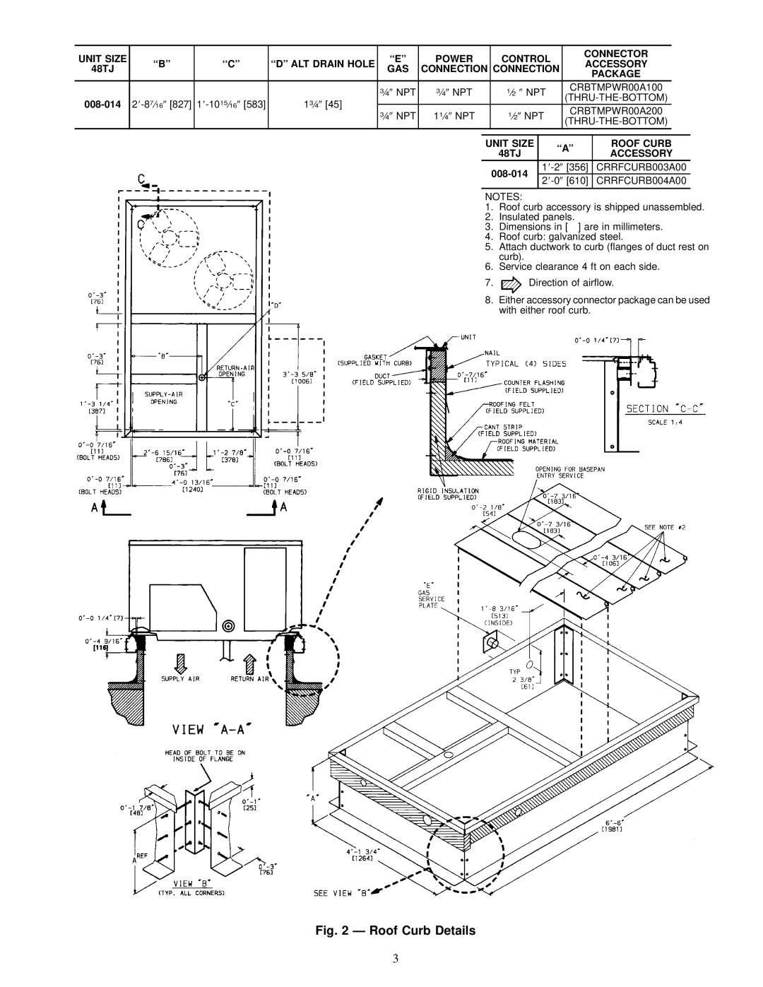 Carrier 48TJE008-014 Unit Size, Power Control Connector, ``D ALT Drain Hole Accessory, GAS Connection Package, Roof Curb 