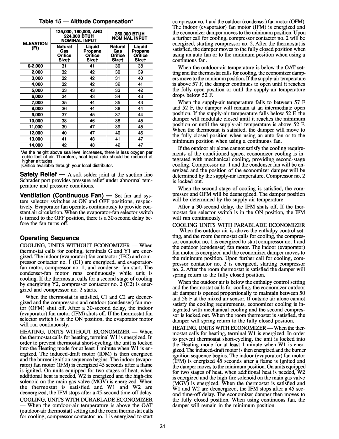 Carrier 48TJE008-014, 48TJD008-014, 48TJF008-012 installation instructions Operating Sequence, Ð Altitude Compensation 