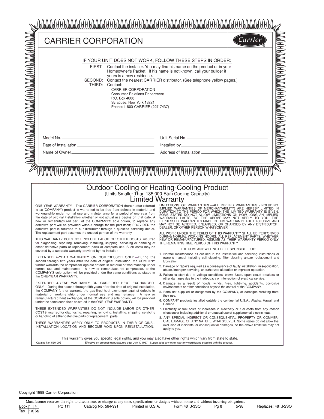 Carrier 48TJE004-014, 48TJF004-012, 48TJD005-014 specifications Carrier Corporation 