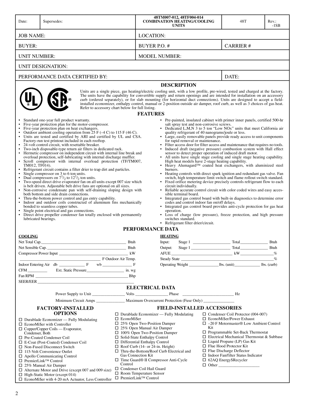 Carrier 48TM007-012 manual Description 