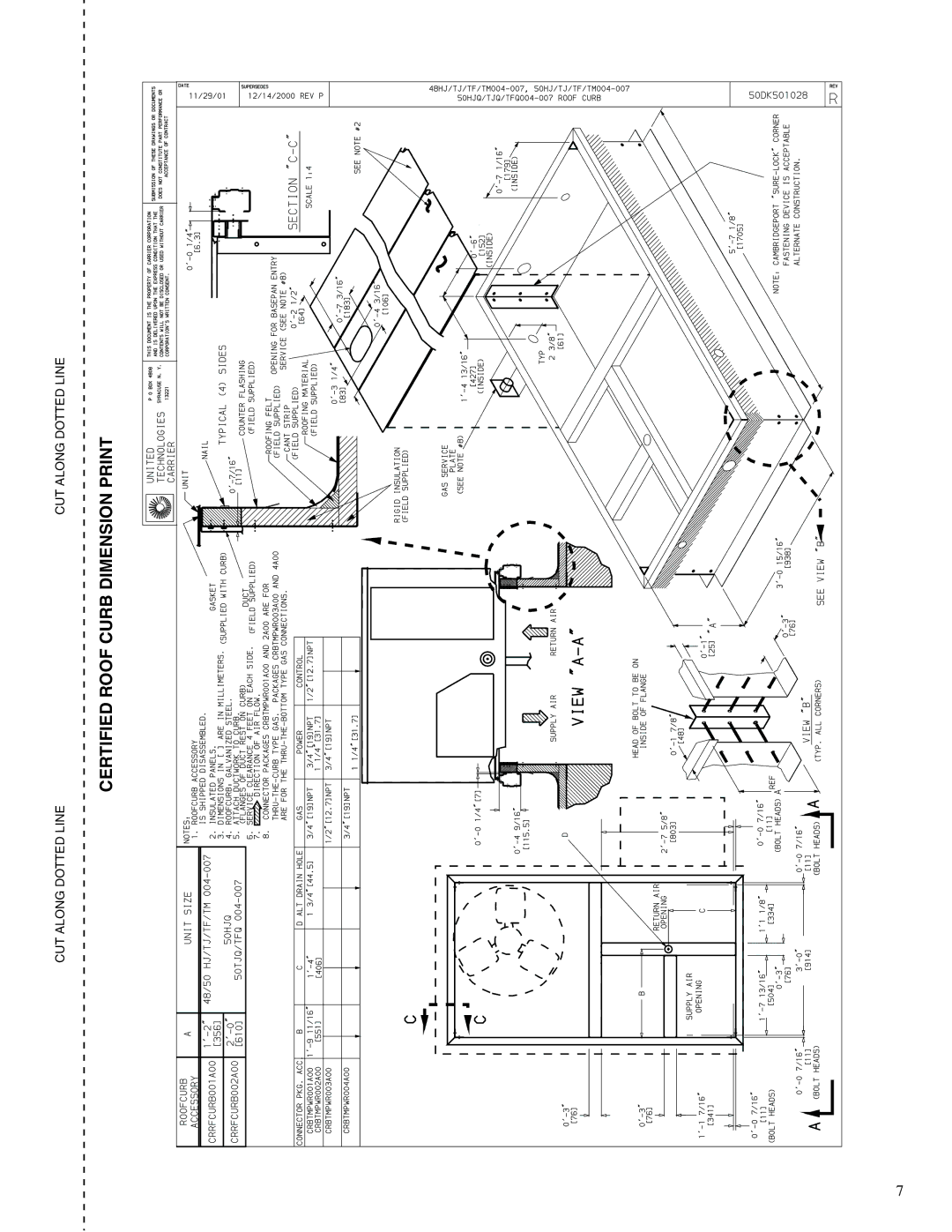 Carrier 48TM007-012 manual Certified Roof Curb Dimension Print 