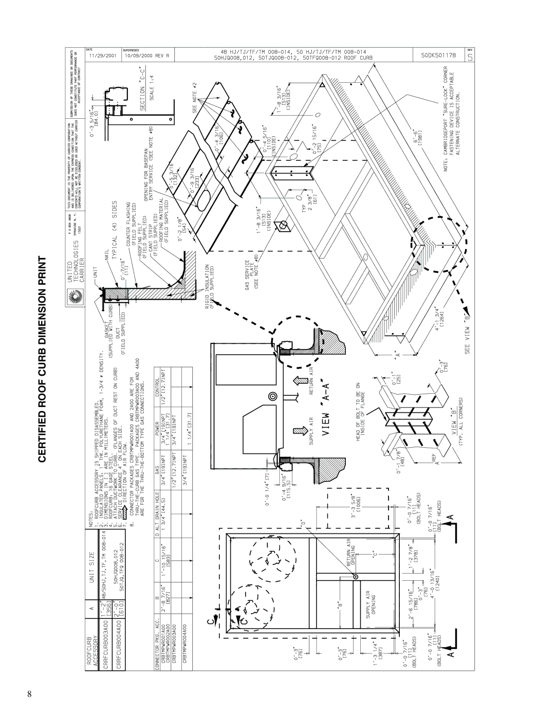 Carrier 48TM007-012 manual Certified Roof Curb Dimension Print 