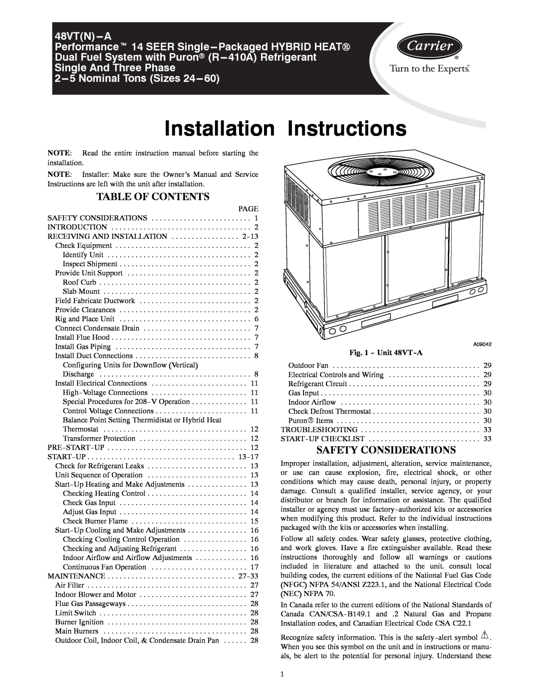 Carrier 48VT(N) installation instructions Table Of Contents, Safety Considerations, Unit 48VT-A, Installation Instructions 