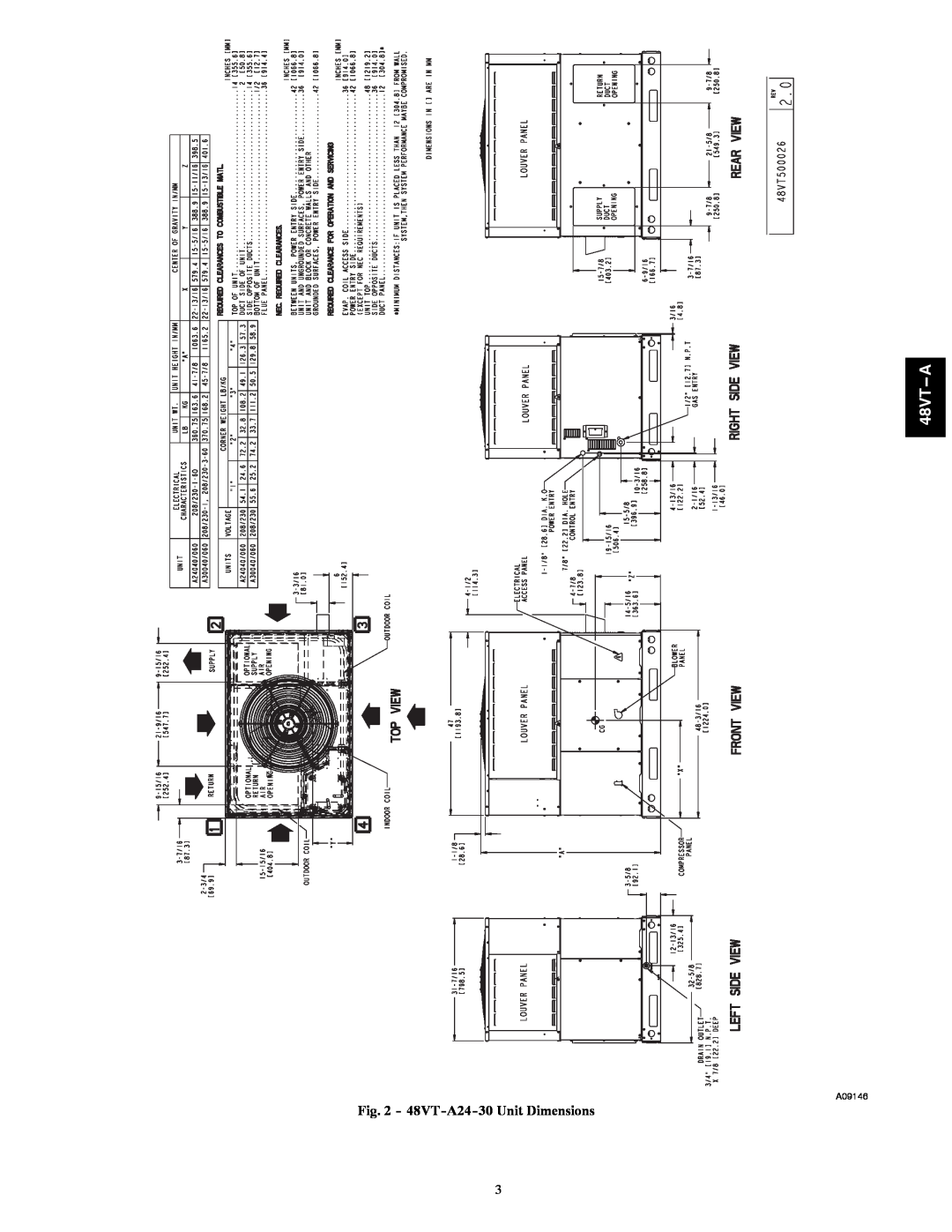 Carrier 48VT(N) installation instructions 48VT-A24-30Unit Dimensions, 48VT--A, A09146 