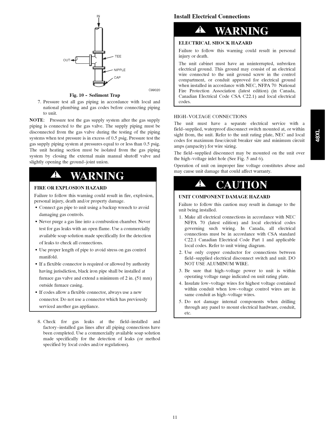 Carrier 48XL Install Electrical Connections, Fire or Explosion Hazard, HIGH-VOLTAGE Connections, Electrical Shock Hazard 