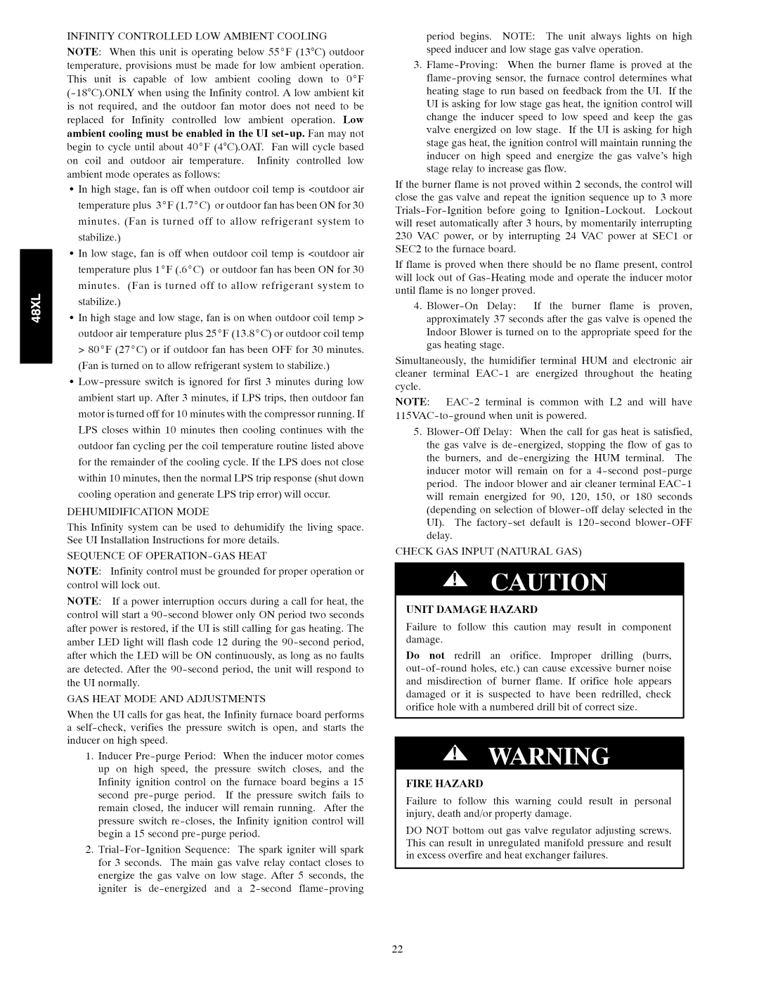 Carrier 48XL Infinity Controlled LOW Ambient Cooling, Dehumidification Mode, Sequence of OPERATION-GAS Heat, Hum, Eac-I 