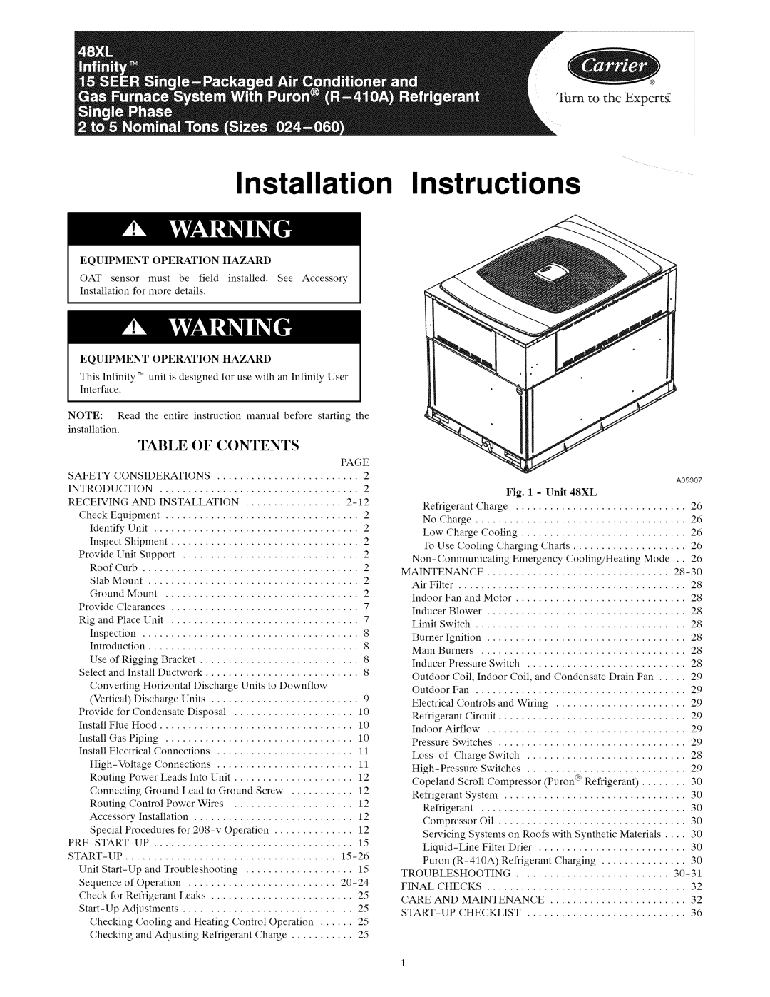 Carrier 48XL installation instructions Of Contents, Turn to the Expertg, Limit Switch, Liquid-Line, Installation 