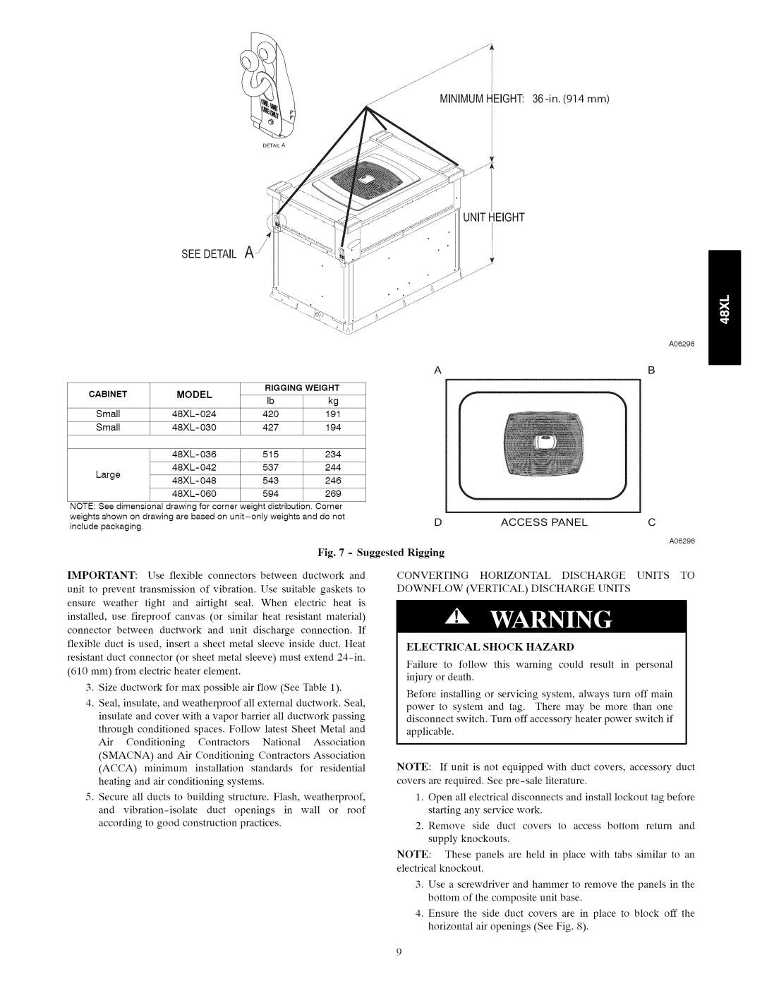 Carrier 48XL installation instructions See Detail A, 36-in.914 mm UNITHEIGHT, Hazard 
