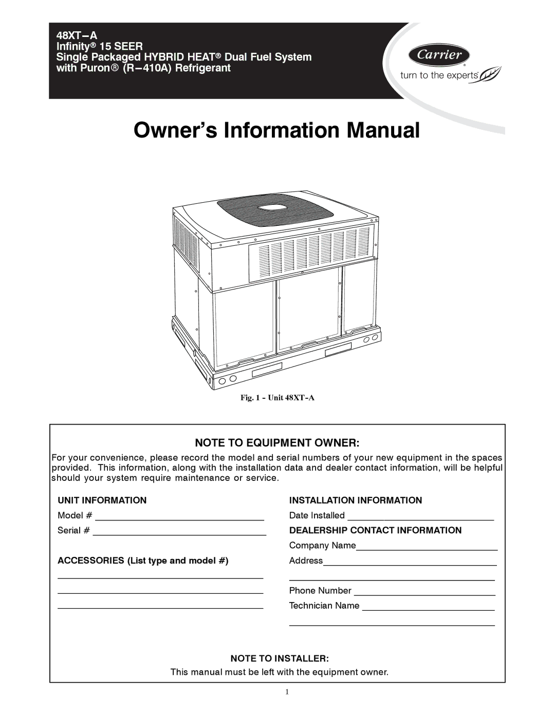 Carrier 48XT-A manual Owner’s Information Manual 