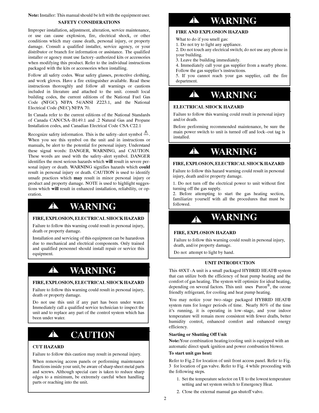 Carrier 48XT-A Safety Considerations, FIRE, EXPLOSION, Electrical Shock Hazard, CUT Hazard, Fire and Explosion Hazard 