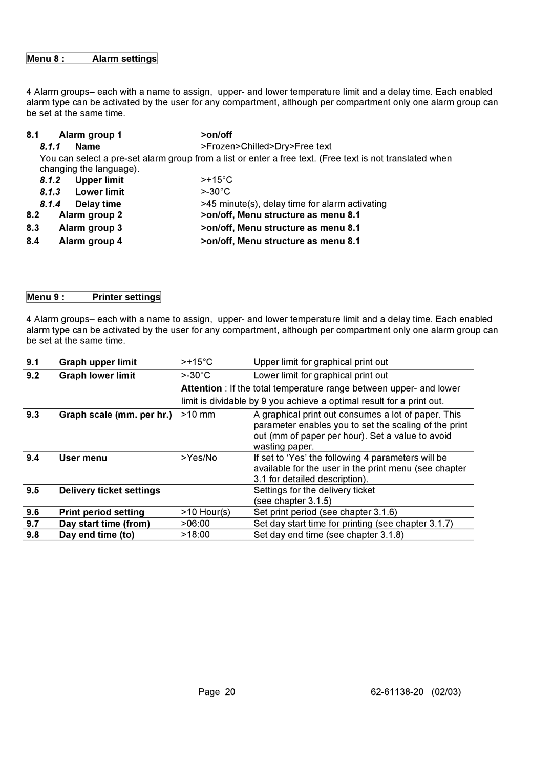 Carrier 500 T/R Menu Alarm settings, Alarm group On/off, FrozenChilledDryFree text, Menu 9 Printer settings, User menu 