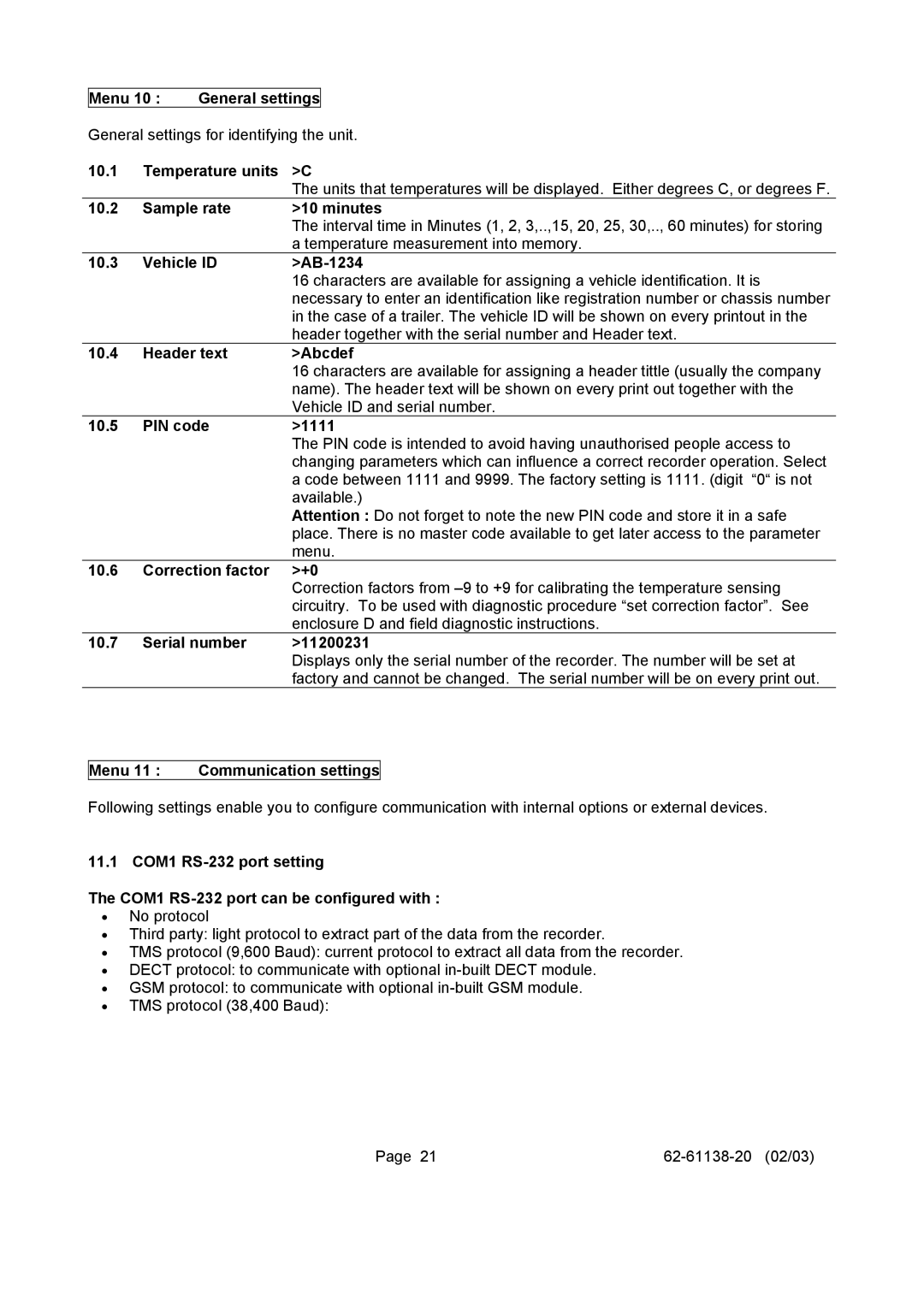 Carrier 500 T/R Menu 10 General settings, Temperature units C, Sample rate Minutes, Vehicle ID AB-1234, Header text Abcdef 