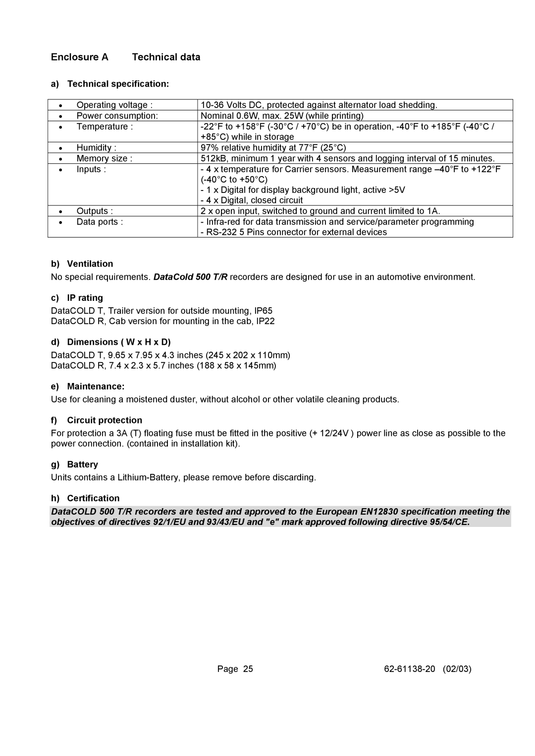 Carrier 500 T/R user manual Enclosure a 