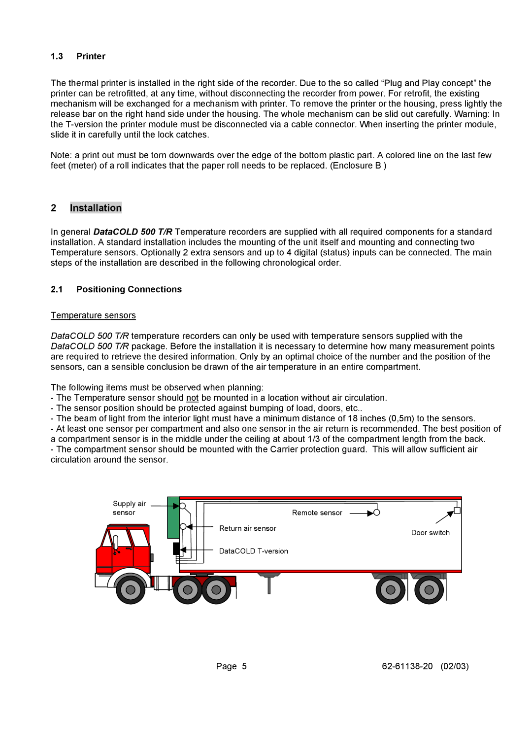 Carrier 500 T/R user manual Installation, Printer, Positioning Connections 