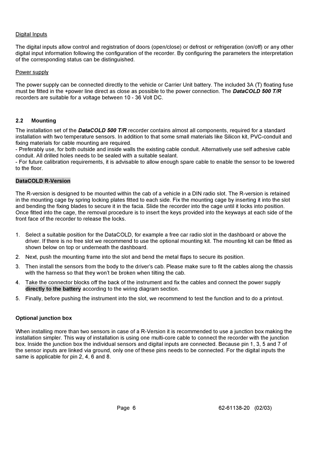 Carrier 500 T/R user manual Mounting, DataCOLD R-Version, Optional junction box 