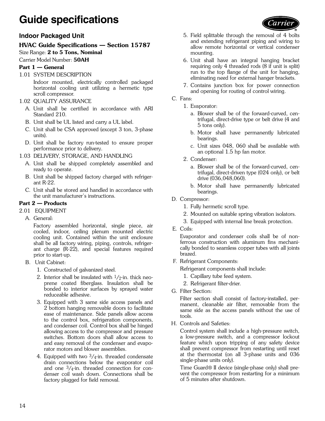 Carrier 50AH manual Guide specifications, Indoor Packaged Unit 