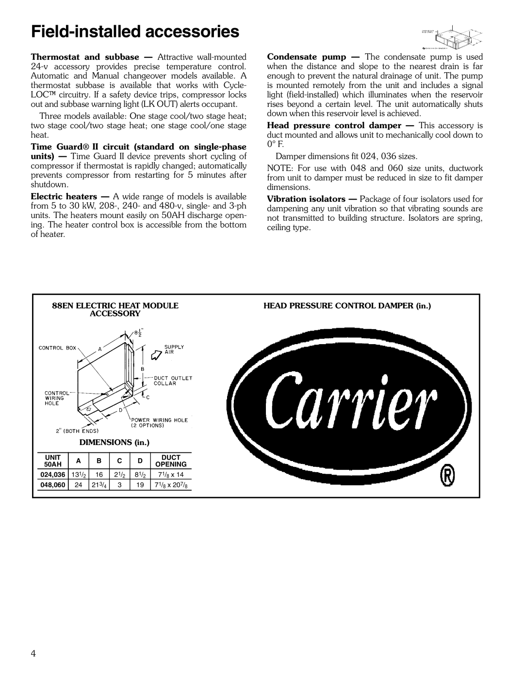 Carrier 50AH manual Field-installed accessories, 88EN Electric Heat Module, Accessory, Unit Duct, Opening 