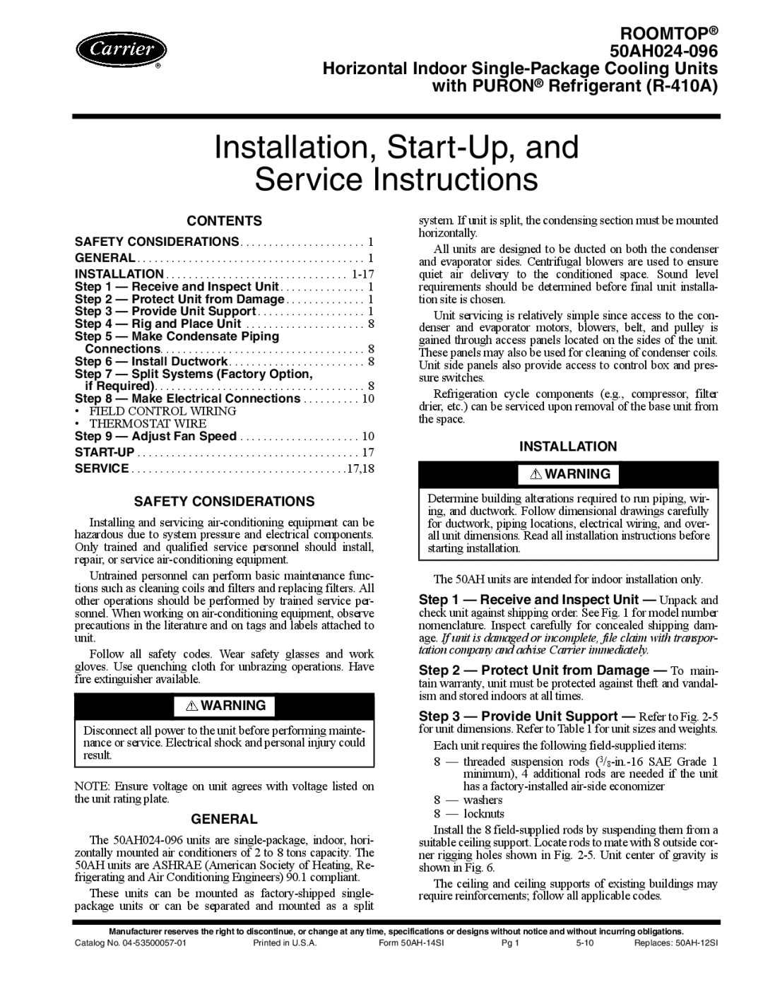 Carrier 50AH024-096 specifications Installation, Start-Up, Service Instructions 