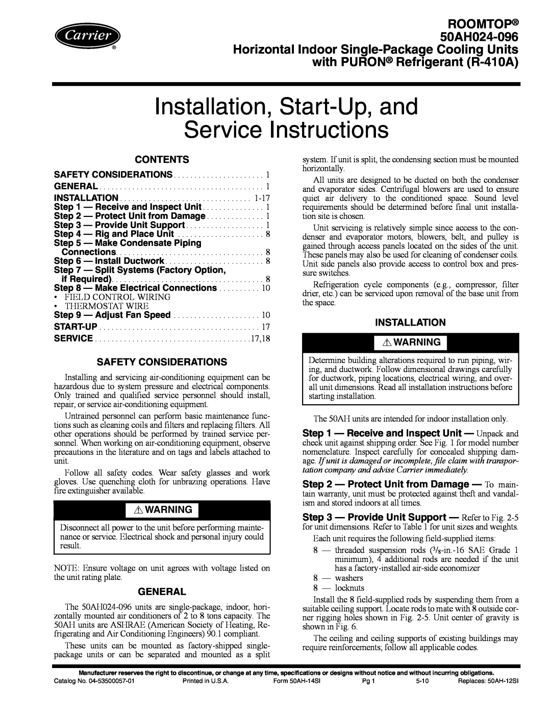 Carrier 50AH024-096 specifications Installation, Start-Up,and Service Instructions, with PURON Refrigerant R-410A 