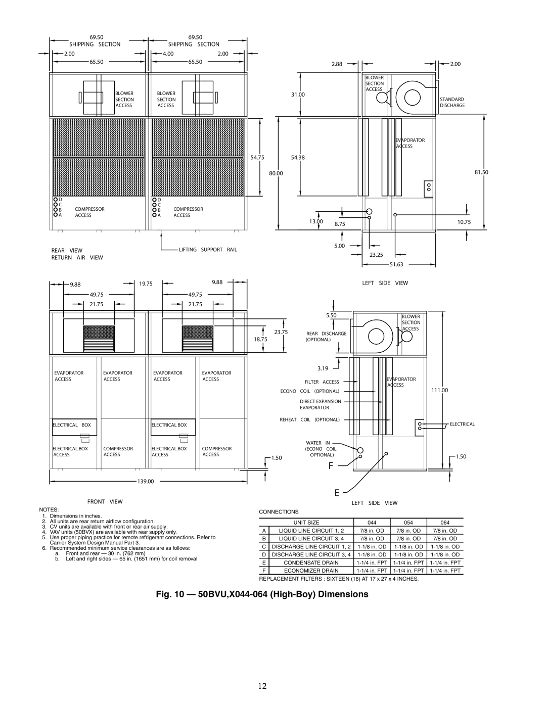 Carrier 50BV020-064 specifications 50BVU,X044-064 High-BoyDimensions 