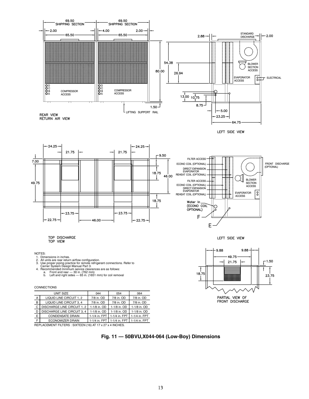 Carrier 50BV020-064 specifications 50BVU,X044-064 Low-BoyDimensions 