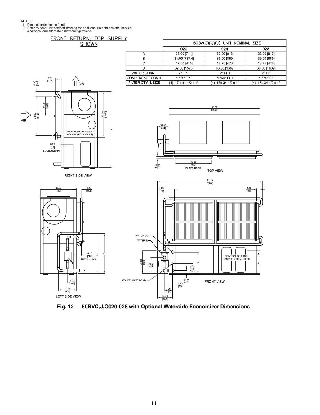 Carrier 50BV020-064 specifications a50-7306ef, NOTES 1.Dimensions in inches mm 