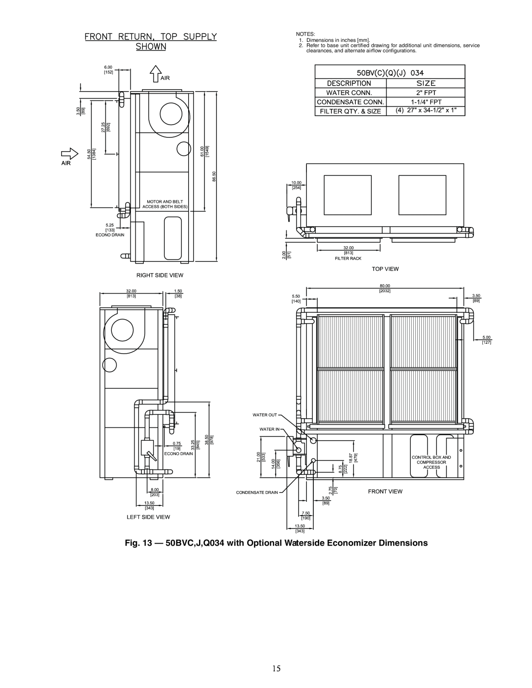Carrier 50BV020-064 specifications a50-7307ef, NOTES 1.Dimensions in inches mm 