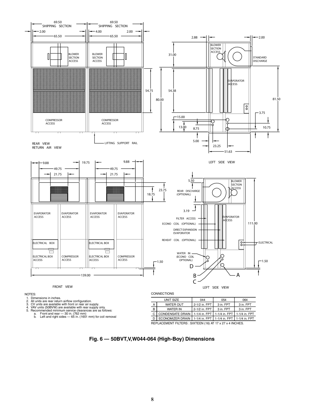 Carrier 50BV020-064 specifications 50BVT,V,W044-064 High-BoyDimensions 