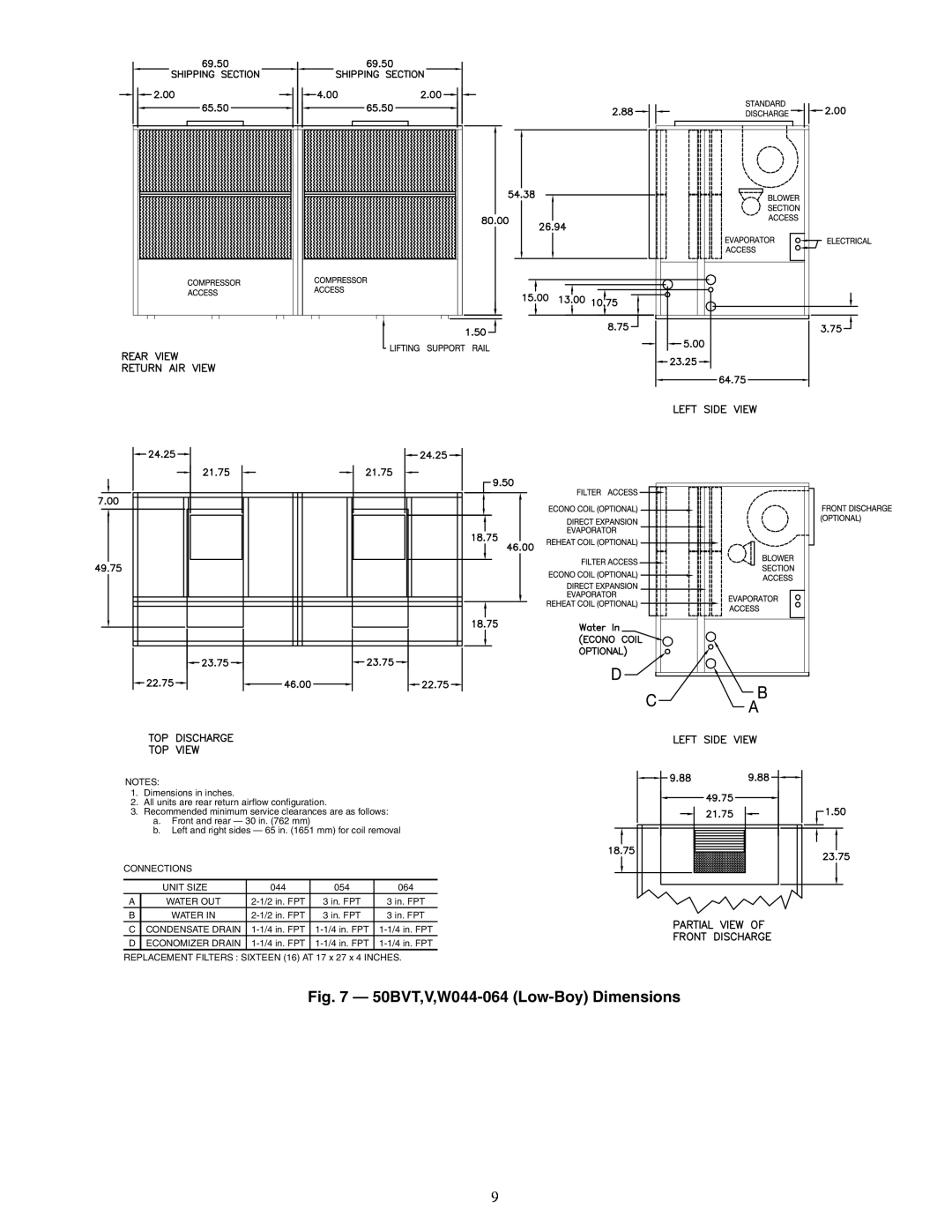 Carrier 50BV020-064 specifications 50BVT,V,W044-064 Low-BoyDimensions 