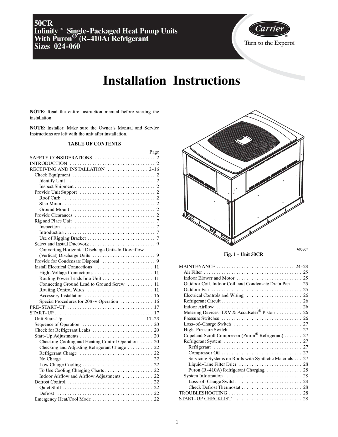 Carrier 50CR installation instructions Installation Instructions, Table of Contents 