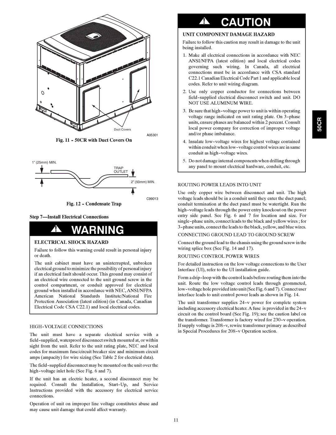 Carrier 50CR HIGH-VOLTAGE Connections, Unit Component Damage Hazard, Routing Power Leads Into Unit 