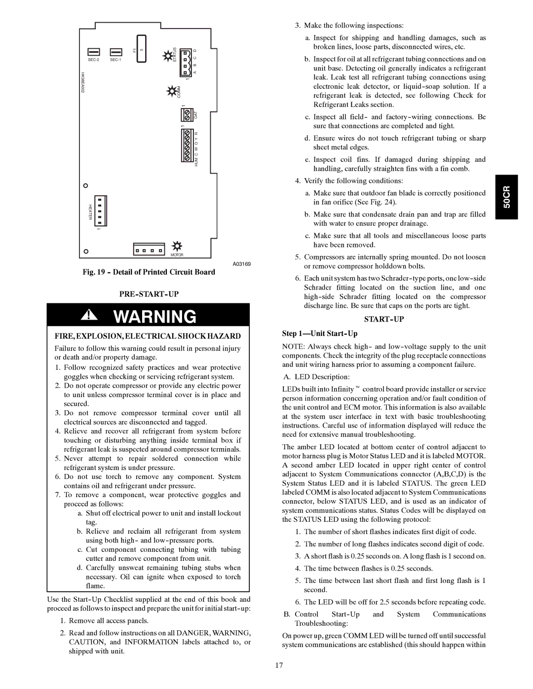 Carrier 50CR installation instructions PRE-START-UP FIRE, EXPLOSION, Electrical Shock Hazard, Unit Start-Up 