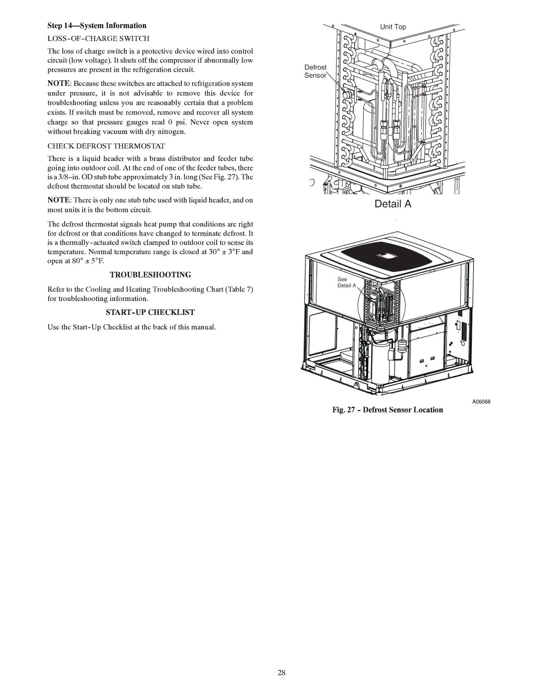 Carrier 50CR System Information, LOSS-OF-CHARGE Switch, Check Defrost Thermostat, Troubleshooting, START-UP Checklist 