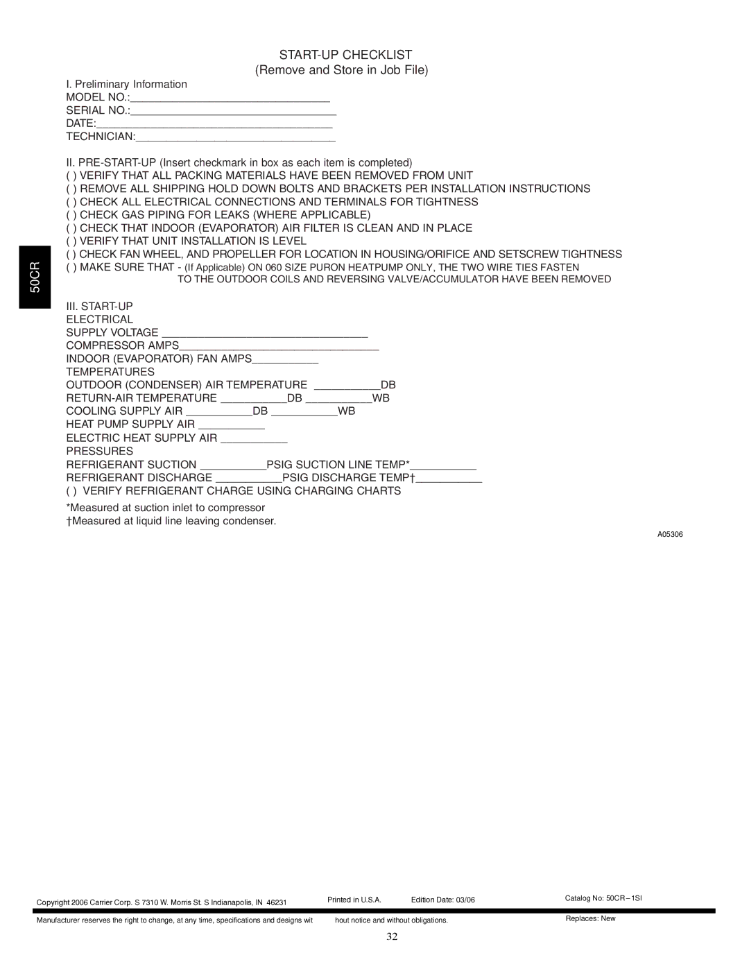 Carrier 50CR installation instructions START-UP Checklist 