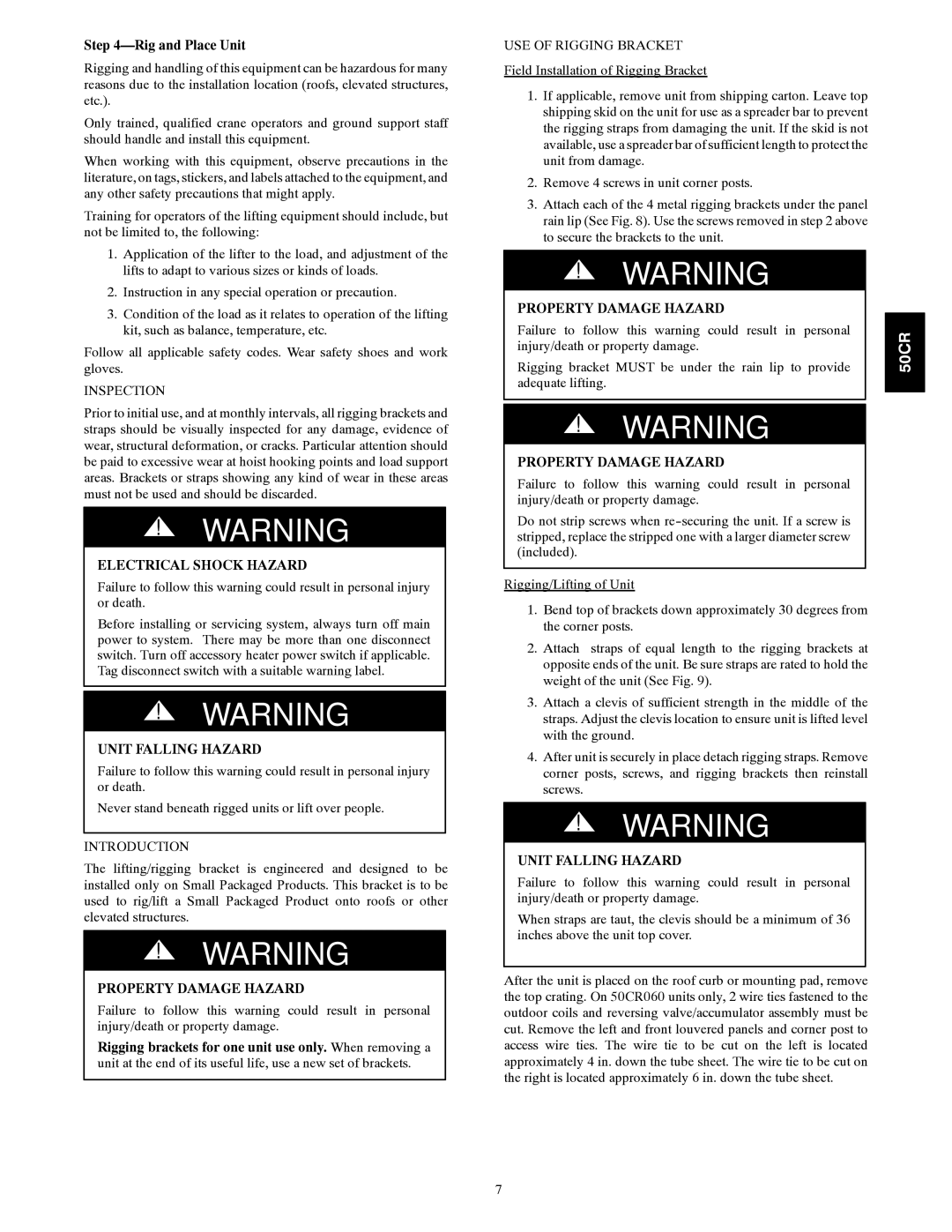 Carrier 50CR Rig and Place Unit, Inspection, Unit Falling Hazard, Property Damage Hazard, USE of Rigging Bracket 