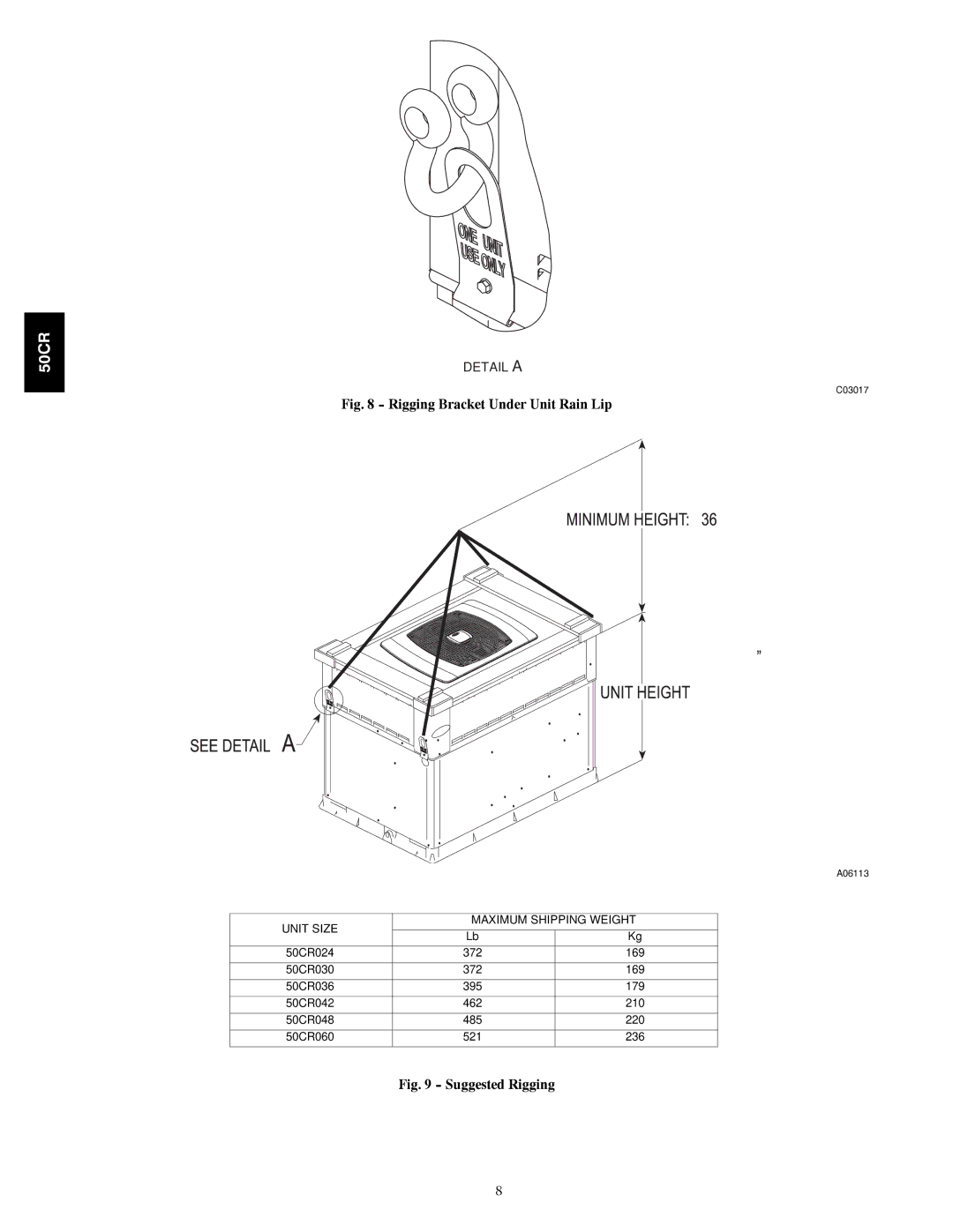 Carrier 50CR installation instructions Rigging Bracket Under Unit Rain Lip 