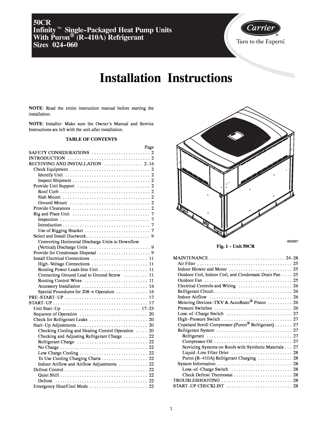 Carrier installation instructions Installation Instructions, Sizes, Table Of Contents, Unit 50CR 