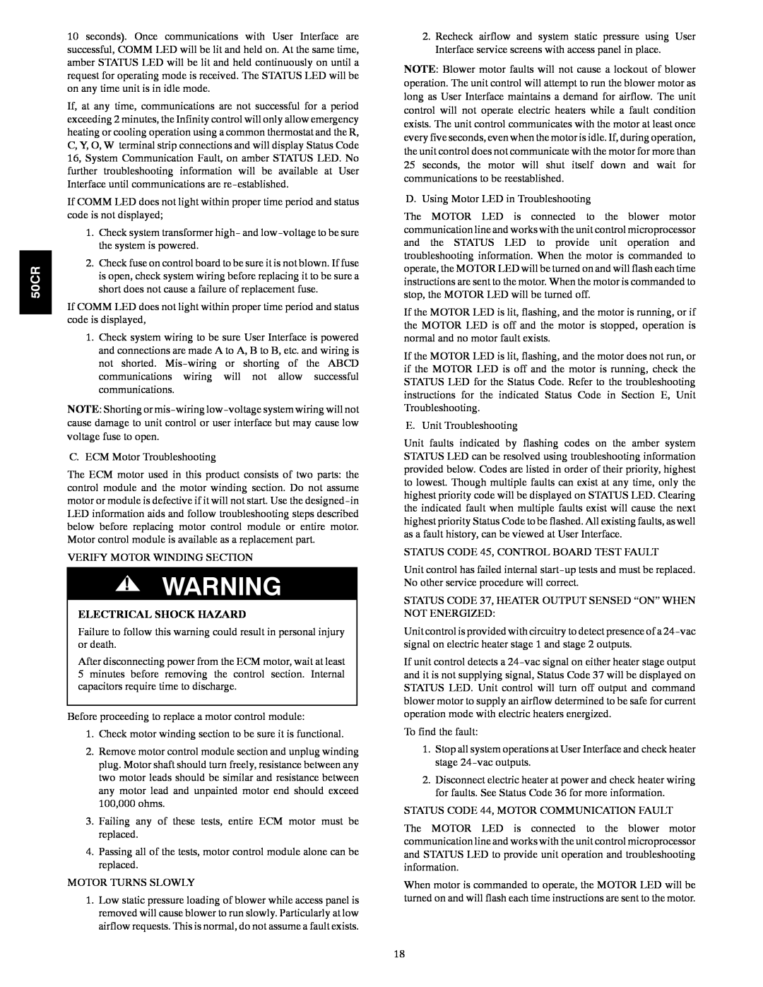 Carrier 50CR installation instructions C. ECM Motor Troubleshooting, Electrical Shock Hazard 