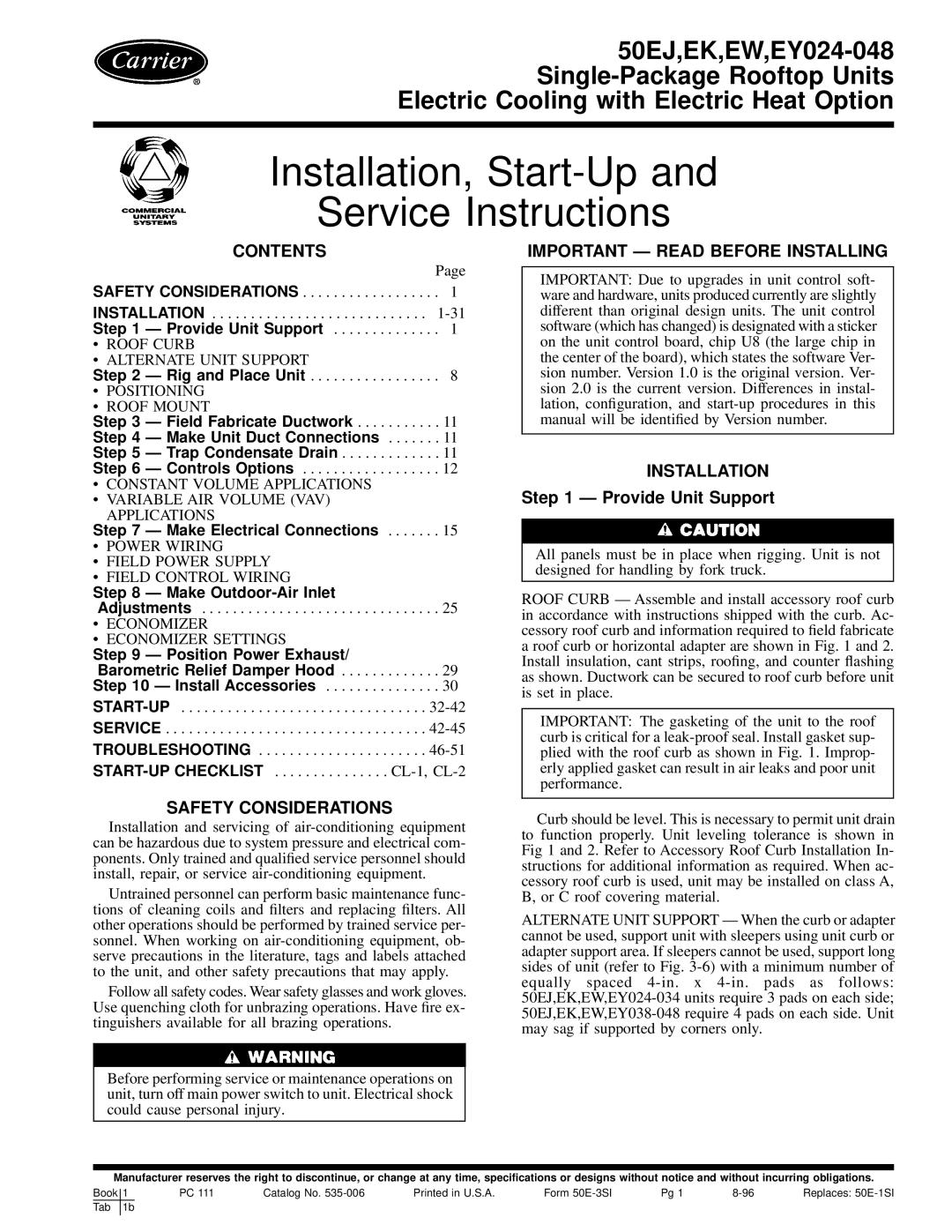 Carrier 50EW, 50EJ, 50EY, 50EK installation instructions Installation, Start-Up Service Instructions 