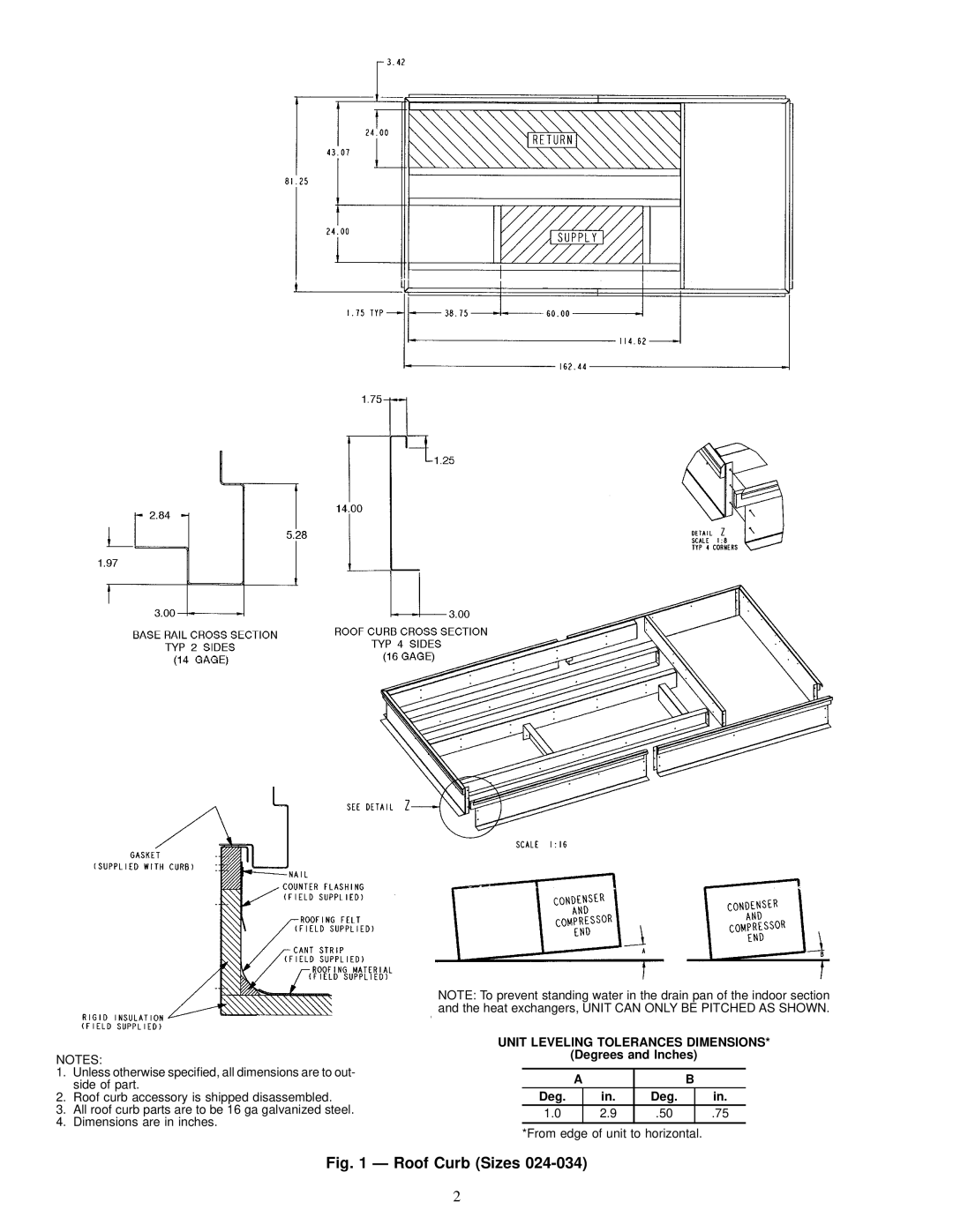 Carrier 50EY, 50EJ, 50EW, 50EK installation instructions Roof Curb Sizes, Unit Leveling Tolerances Dimensions 