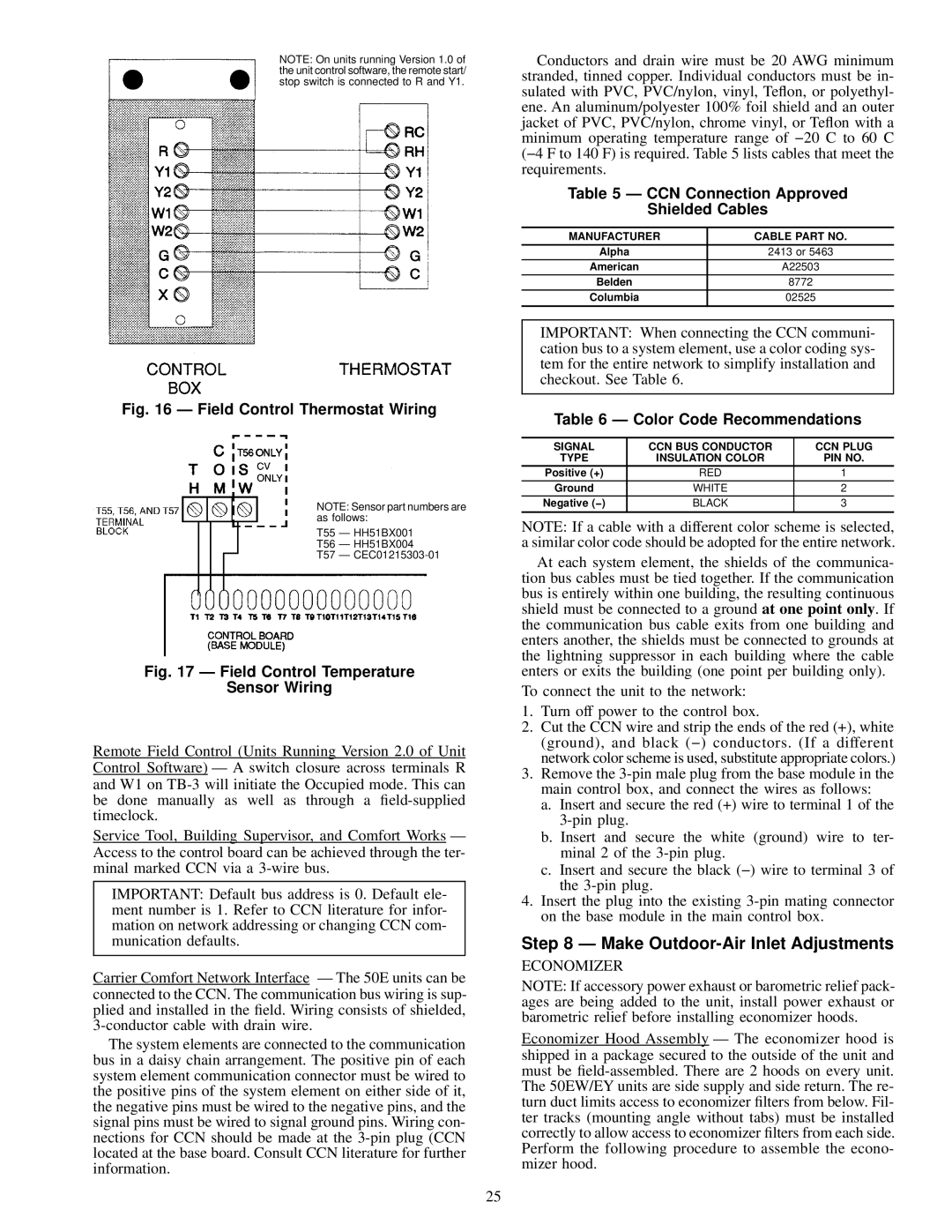 Carrier 50EW, 50EJ Make Outdoor-Air Inlet Adjustments, CCN Connection Approved Shielded Cables, Color Code Recommendations 