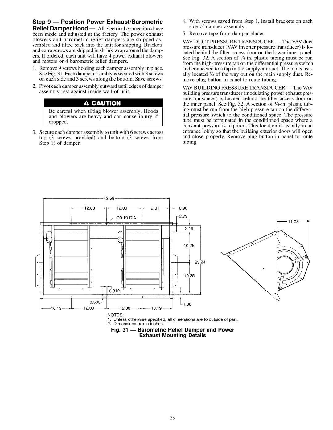 Carrier 50EW, 50EJ, 50EY, 50EK installation instructions Barometric Relief Damper and Power Exhaust Mounting Details 