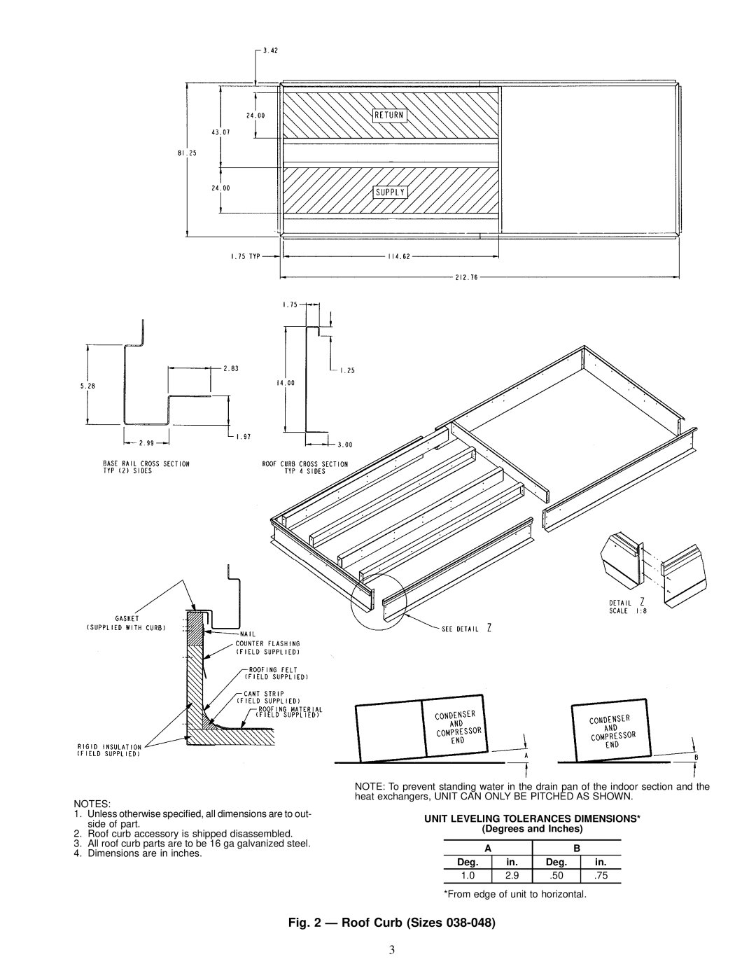 Carrier 50EK, 50EJ, 50EW, 50EY installation instructions Roof Curb Sizes 