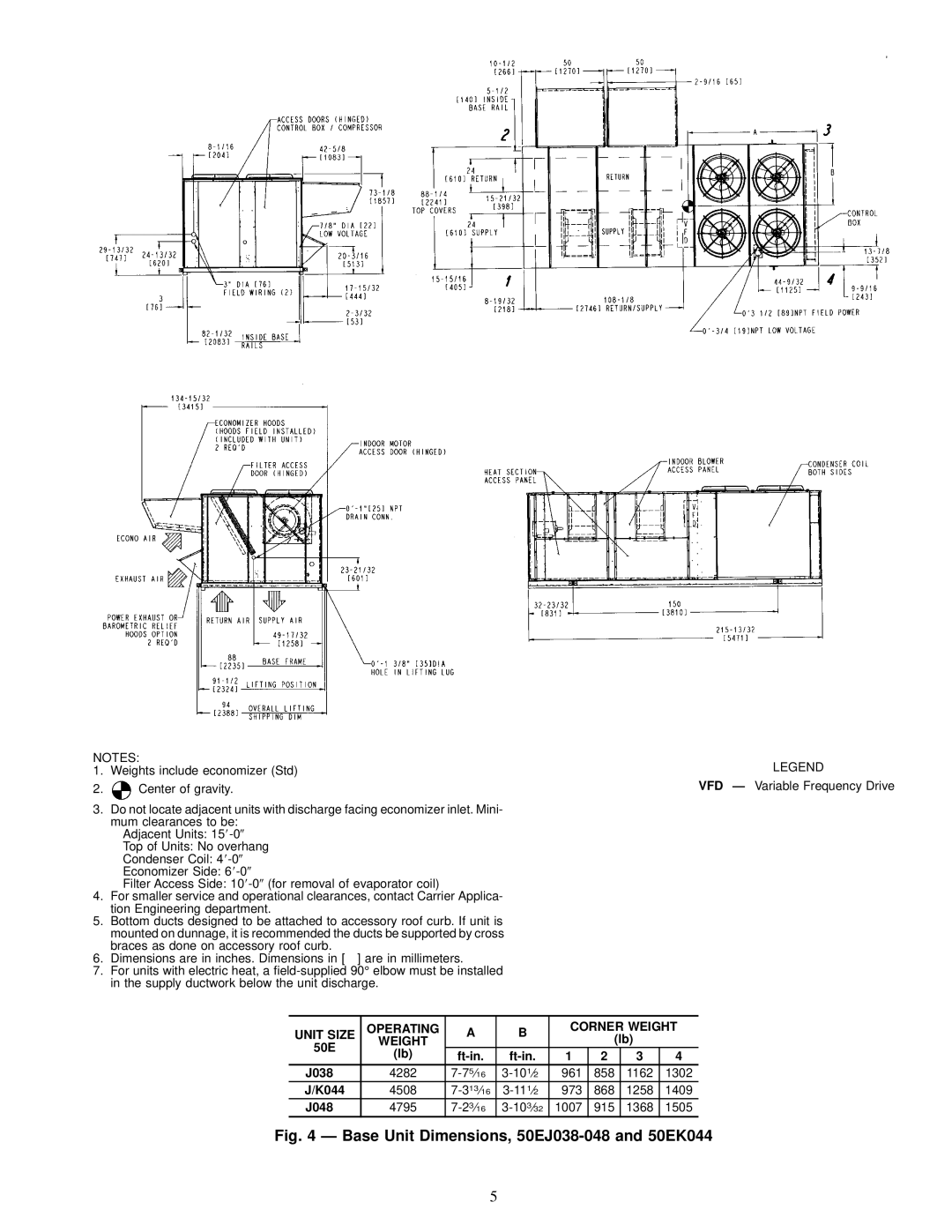 Carrier 50EW, 50EY Base Unit Dimensions, 50EJ038-048 and 50EK044, Unit Size Operating Corner Weight 