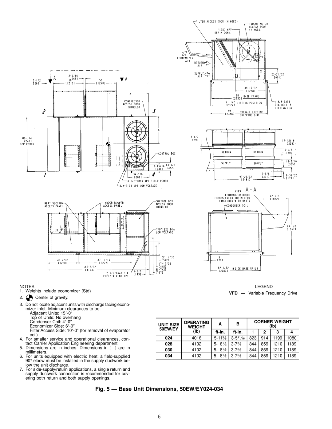 Carrier 50EY, 50EJ, 50EK Base Unit Dimensions, 50EW/EY024-034, Unit Size Operating Corner Weight 50EW/EY 