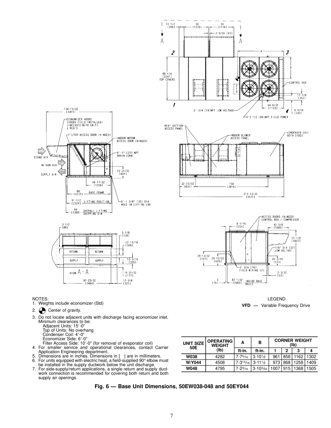 Carrier 50EK, 50EJ installation instructions Base Unit Dimensions, 50EW038-048 and 50EY044, Weight 