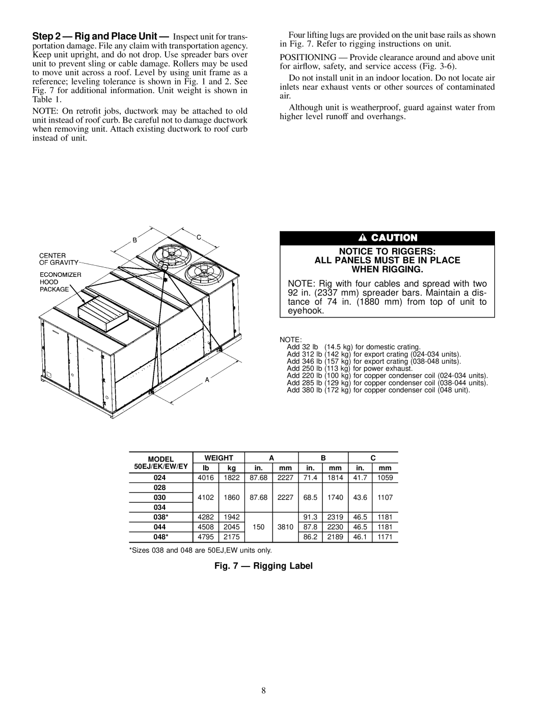 Carrier 50EW, 50EY, 50EK installation instructions Rigging Label, Model Weight 50EJ/EK/EW/EY 