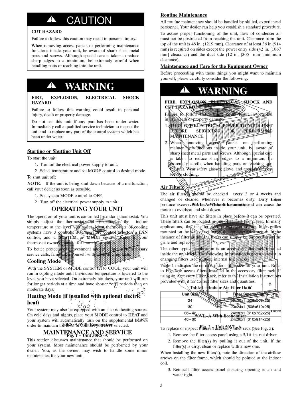 Carrier 50VLA, 50ES-A manual Operating Your Unit, Maintenance and Service 