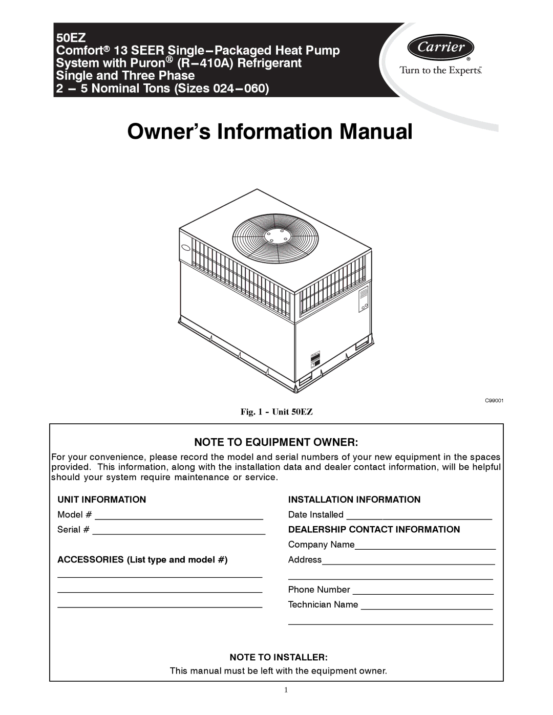 Carrier 50EZ manual Owner’s Information Manual 