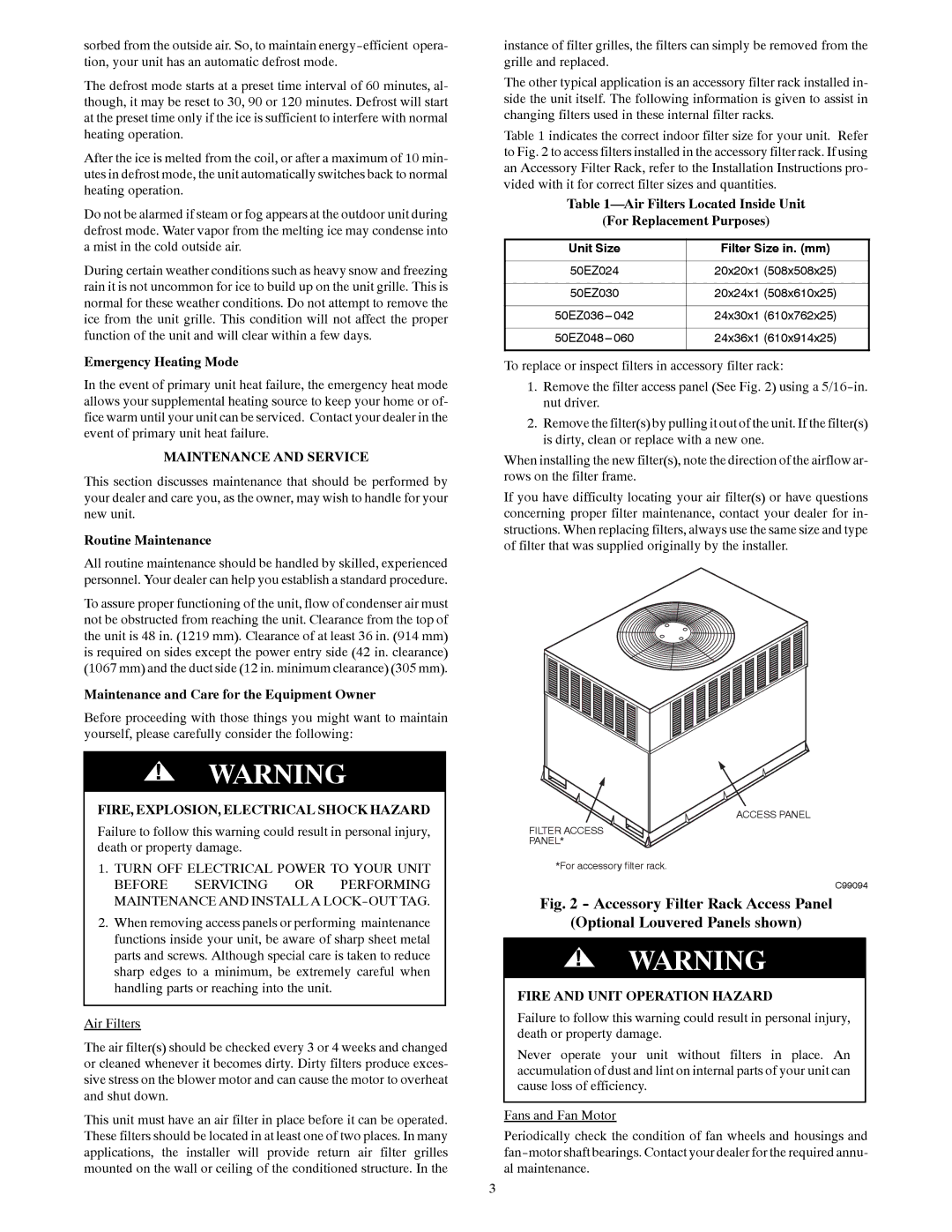 Carrier 50EZ manual Maintenance and Service, Fire and Unit Operation Hazard 